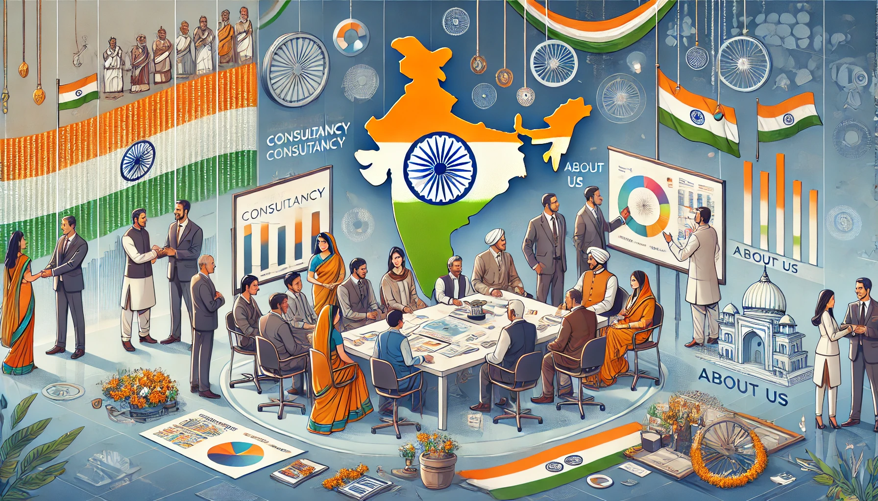 A professional and engaging image for an About Us page of a political consultancy in India.